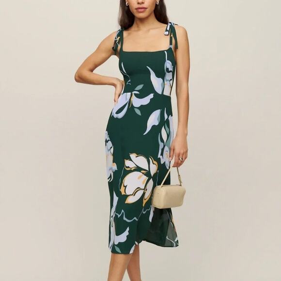 Reformation Dresses & Skirts - Reformation Besse Emerald Green Floral Tie Strap Midi Dress Size 2